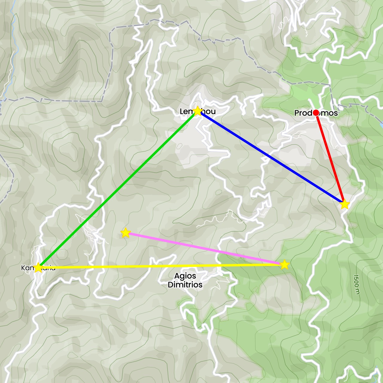 TravelMap itinerary: driving, Πρόδρ-Τρικουκιώτισσα, Τρικουκ-Λεμύθου, Λεμύθ-Καμινάρια, Καμιν-Παλαιόμυλος, Παλαιομ-Τρεις ελιές in Cyprus (Asia)